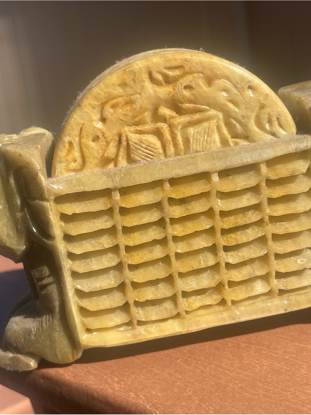 Yellow Hand-Carved Decorative Stone Accent with Lattice Motif